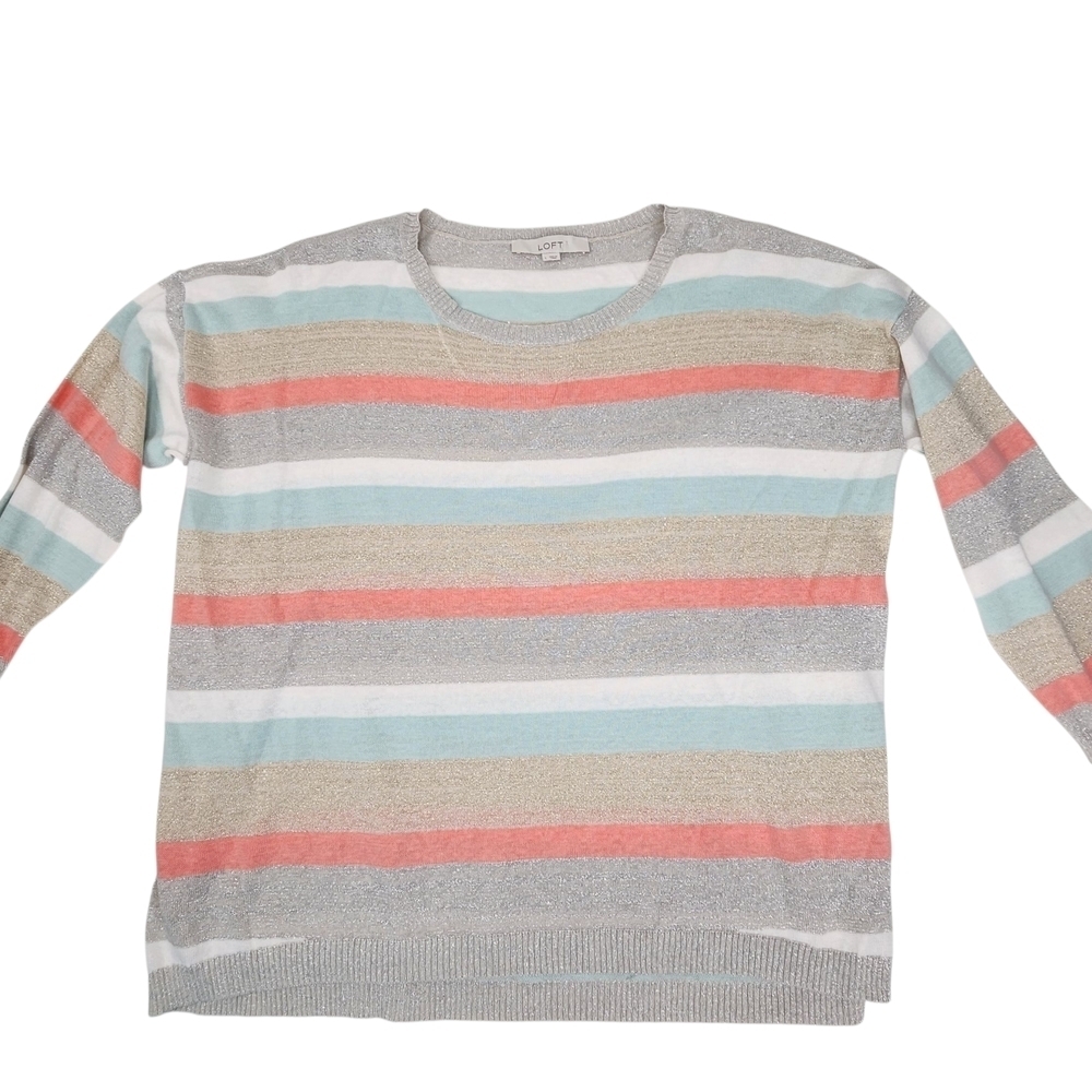 LOFT Pastel Striped Crew Neck Sweater Size L Lightweight Shimmer Tan, Pink, Grey - Picture 2 of 10